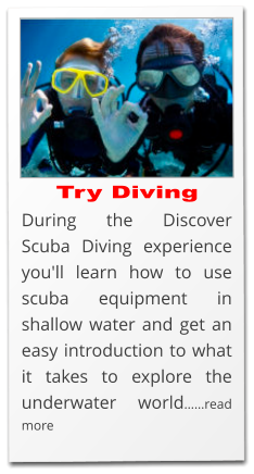 Try Diving During the Discover Scuba Diving experience you'll learn how to use scuba equipment in shallow water and get an easy introduction to what it takes to explore the underwater world……read more