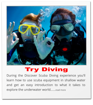 Try Diving During the Discover Scuba Diving experience you'll learn how to use scuba equipment in shallow water and get an easy introduction to what it takes to explore the underwater world……read more